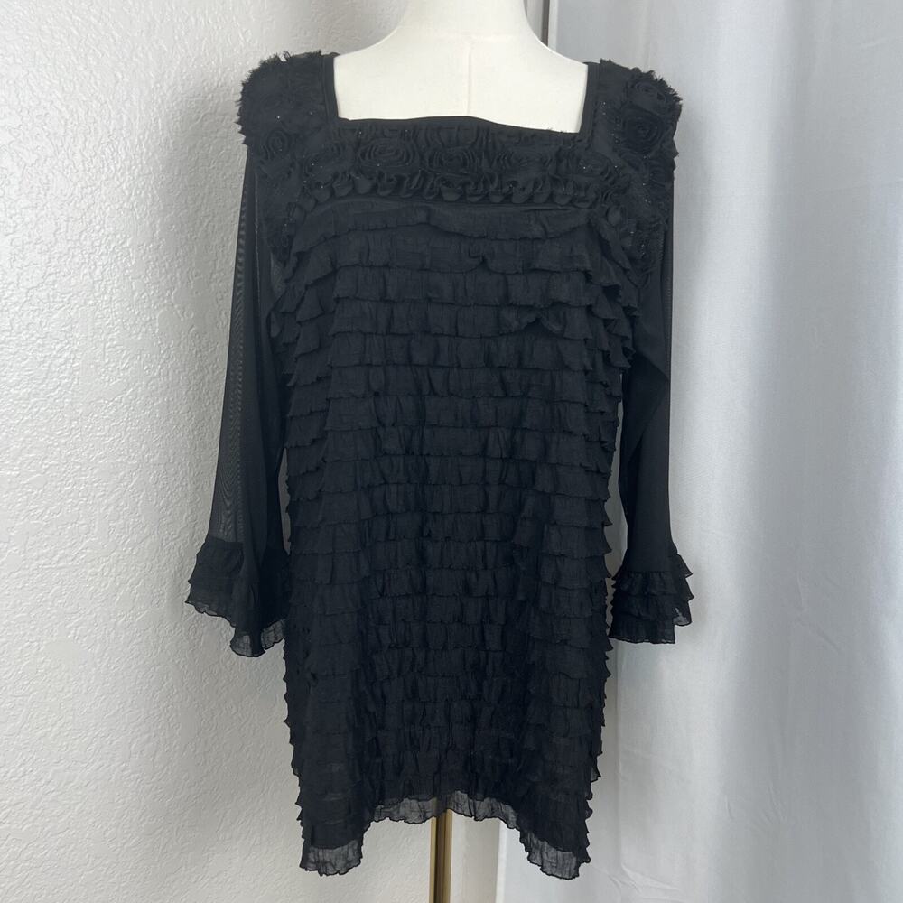 Cato Top Womens 14/16W Black Ruffle Chiffon Romantic Gothic Boho Witchy‎ Glam